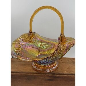 Vtg Indiana Glass Canterbury Amber Carnival Glass Basket Large Iridescent 10.5"T